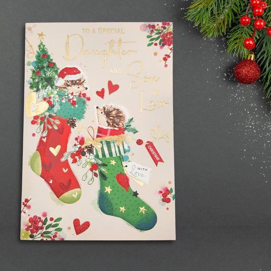 Daughter & Son-In-Law Christmas Card - Hedgehog Stockings