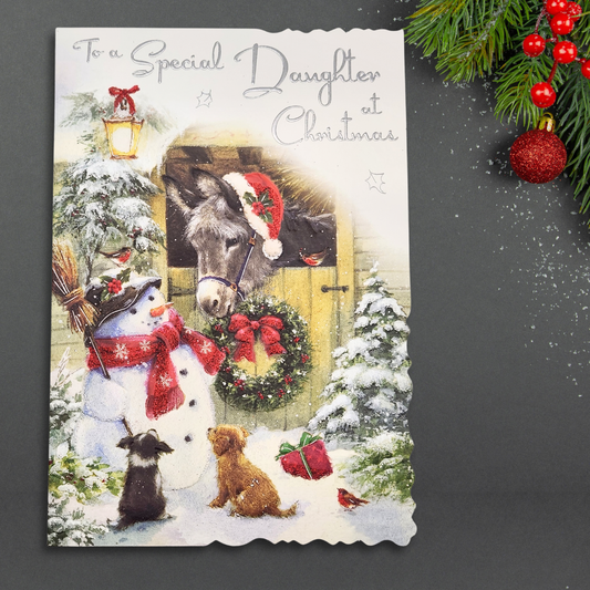 Daughter Christmas Card - Velvet Stable & Snowman