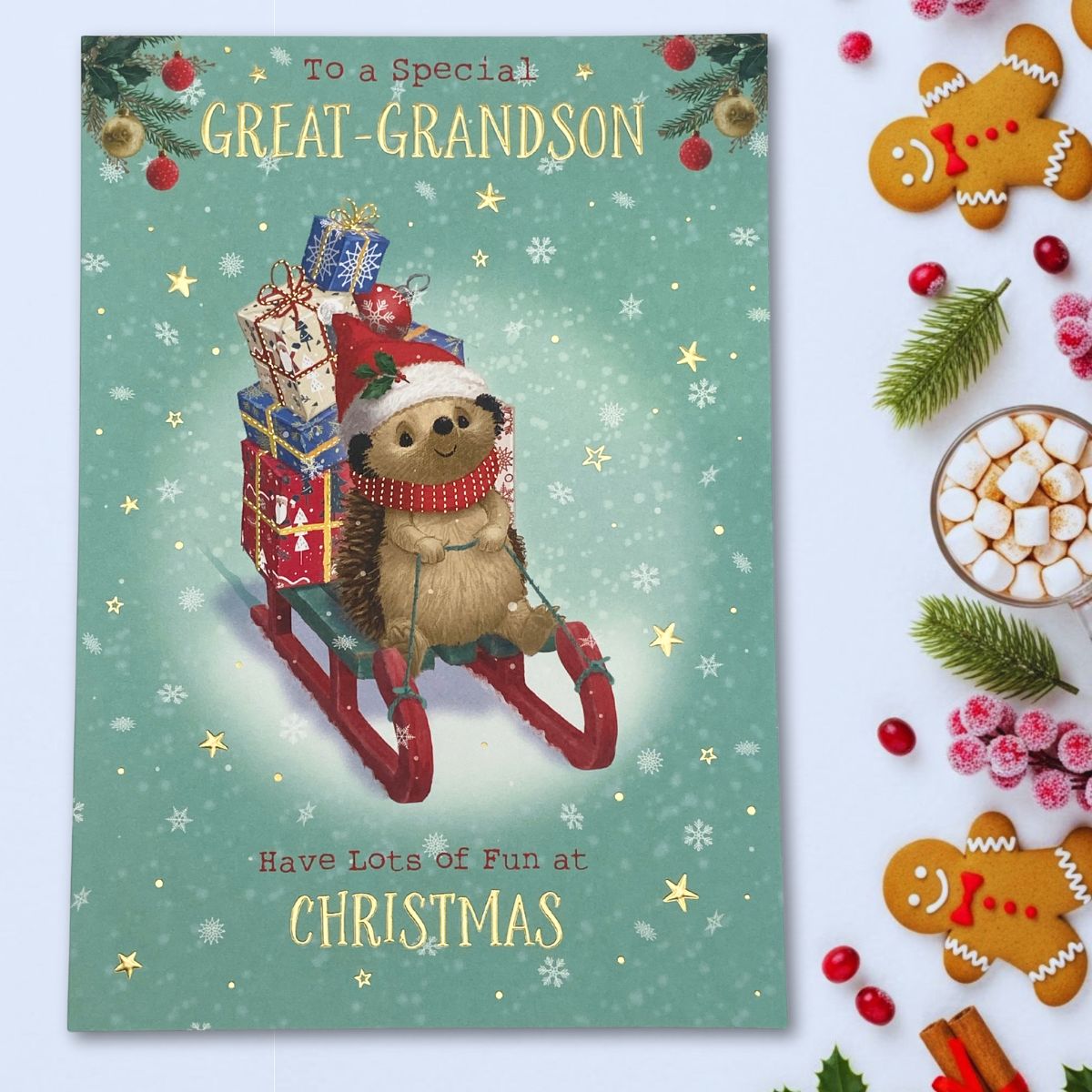 Great Grandson Christmas Card - Hartley Hedgehog