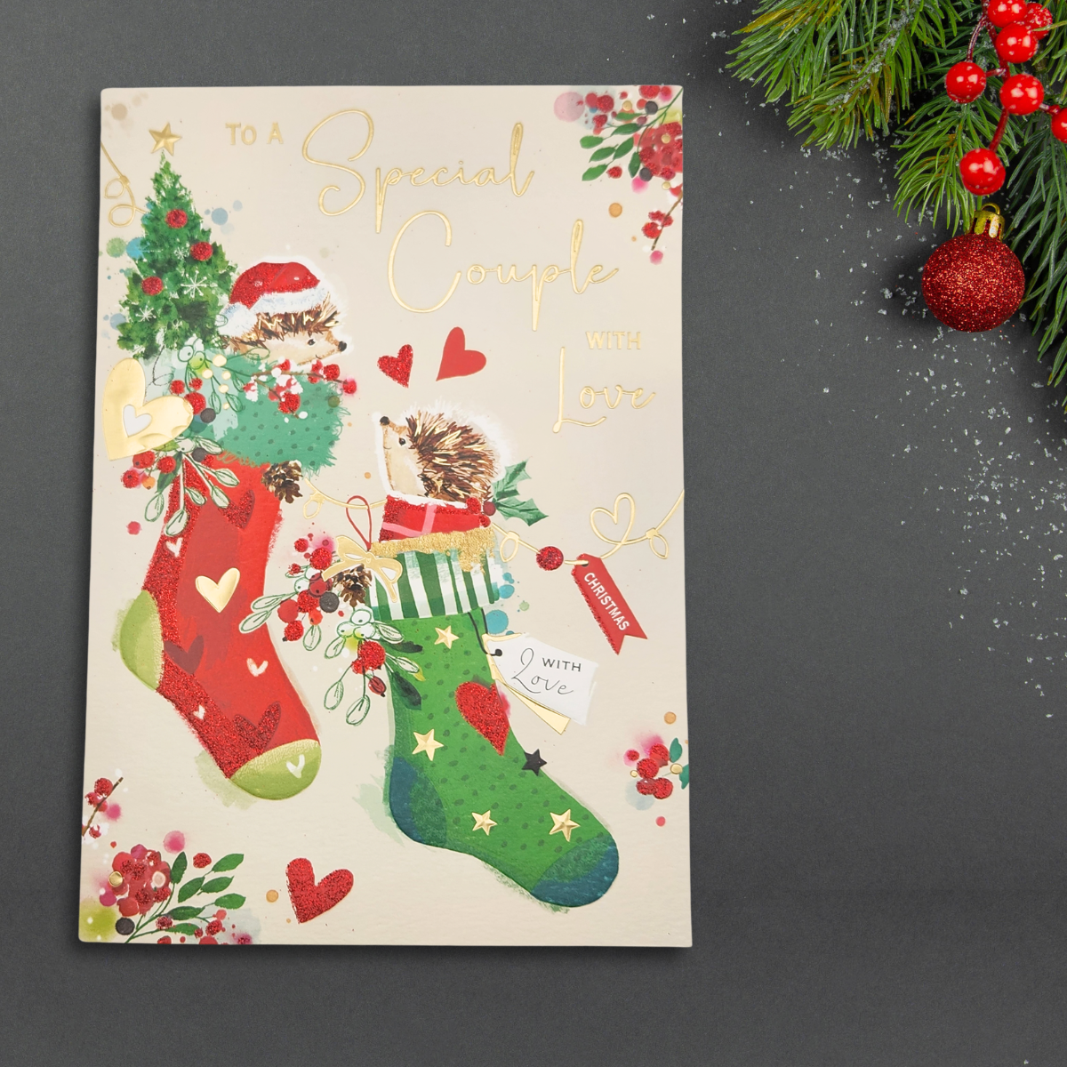 Special Couple Christmas Card - Hedgehog Stockings