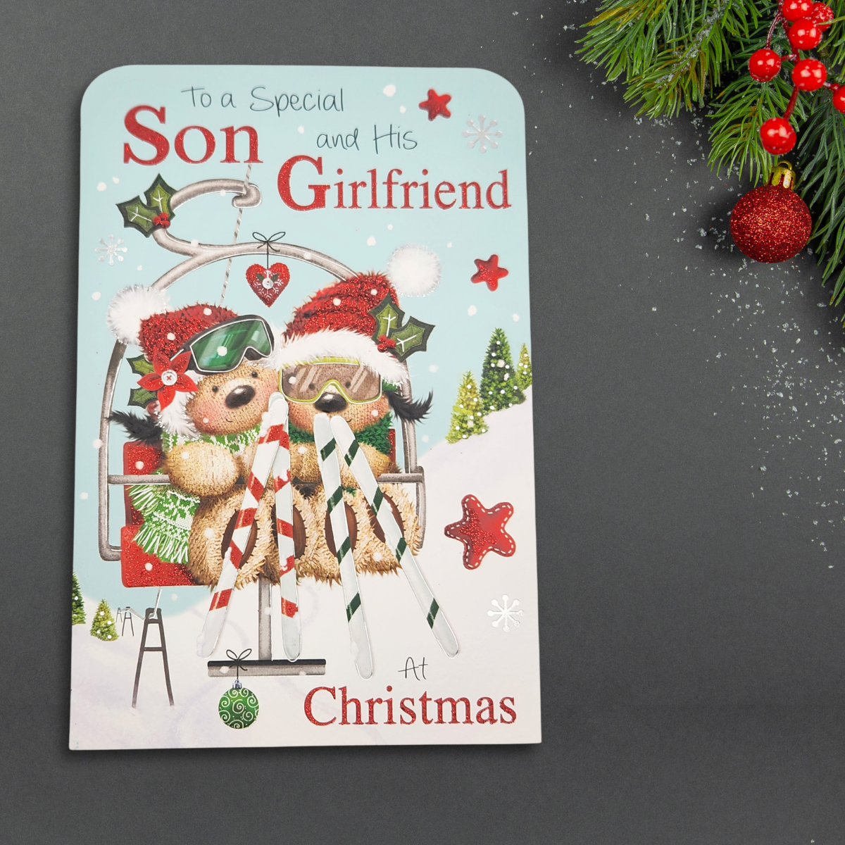 Son & Girlfriend Christmas Card - Fudge & Friends Ski Lift