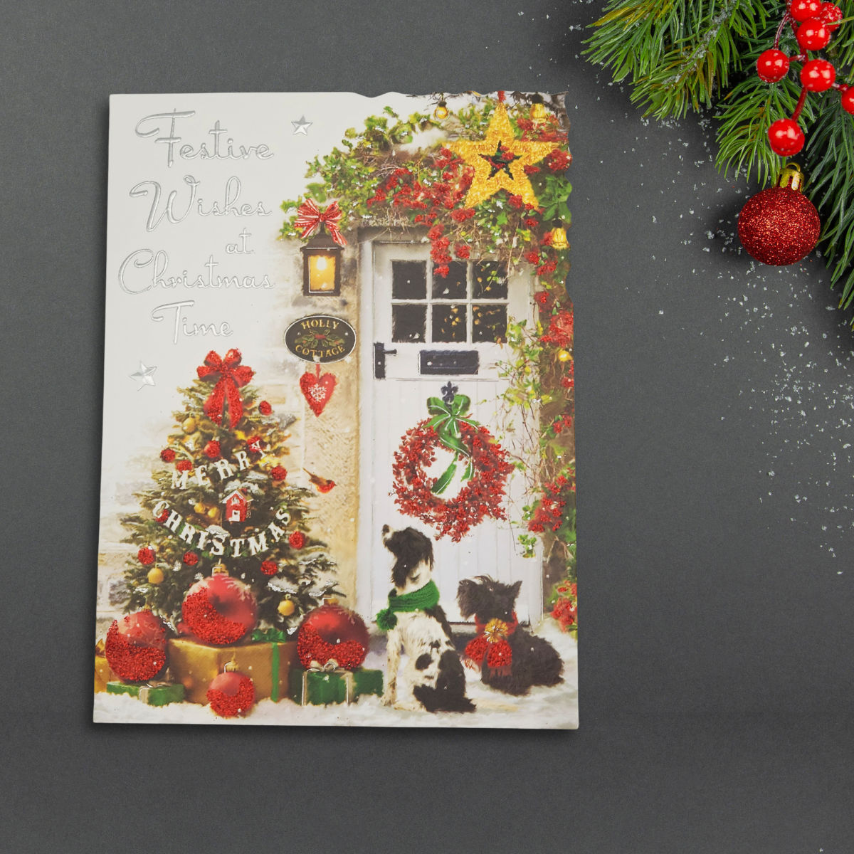 Open Christmas Card - Velvet Holly Cottage Dogs
