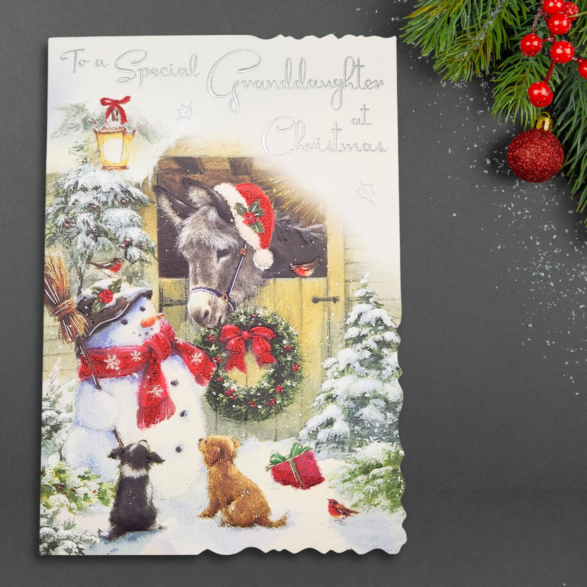 Granddaughter Christmas Card - Velvet Stable & Snowman