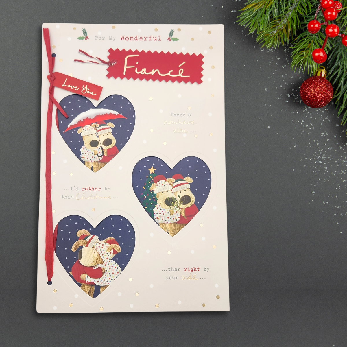 Fiancé Christmas Card - Boofle Raffia Bow