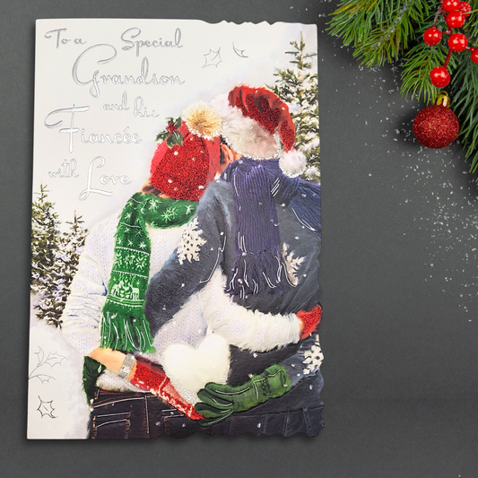 Grandson & Fiancée Christmas Card - Velvet Snow Embrace