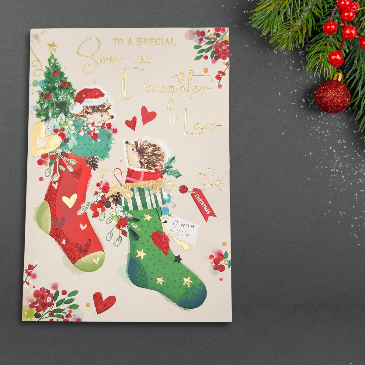 Son & Daughter-In-Law Christmas Card - Hedgehog Stockings