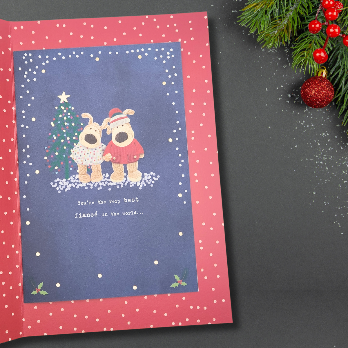 Fiancé Christmas Card - Boofle Raffia Bow