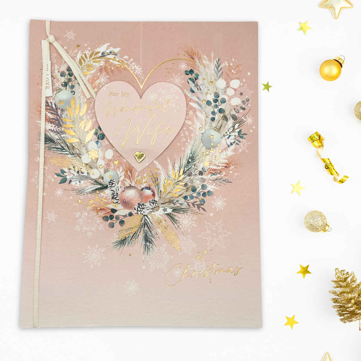 Wife Large Christmas Card - Pink Heart Wreath & Heart