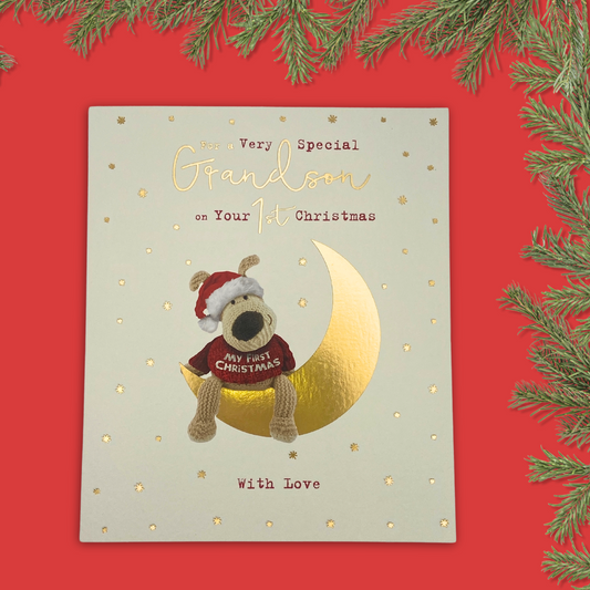 Grandson 1st Christmas Card - Boofle Bear Moon & Stars