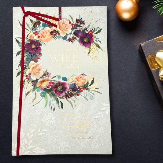 Wife Large Christmas Card - Die Cut Wreath