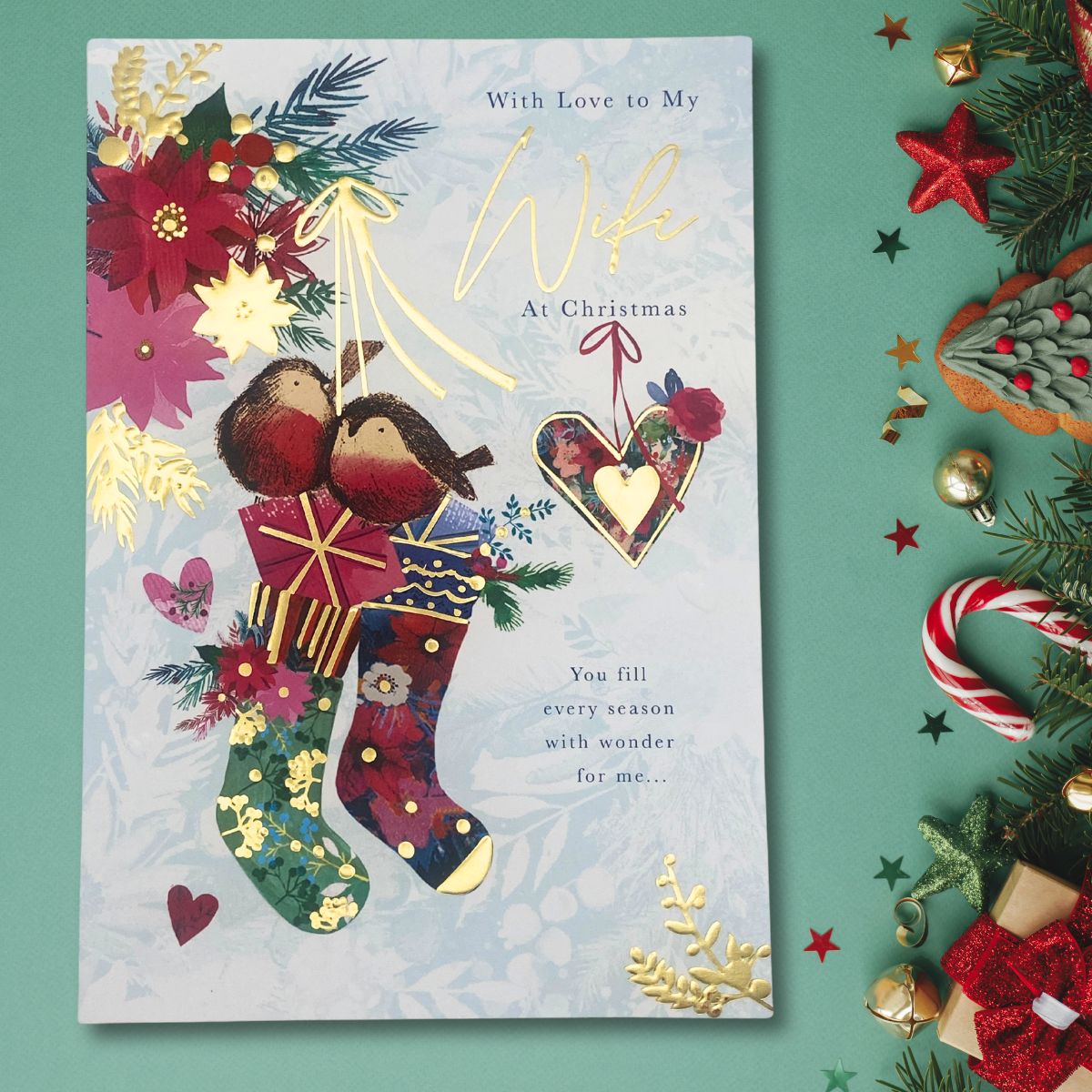 Wife Christmas Card - Robins & Stockings