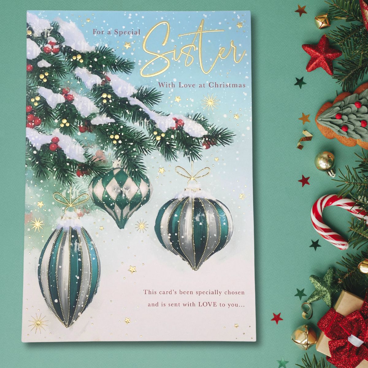 Sister Christmas Card - Snowy Baubles