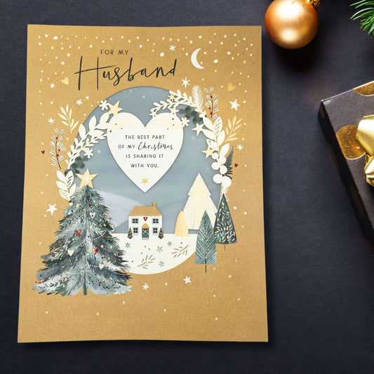 Husband Large Christmas Card - Die Cut Heart Scene