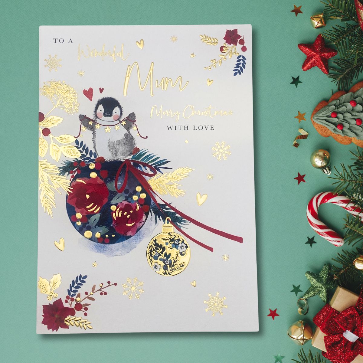 Mum Christmas Card - Penguin Bauble