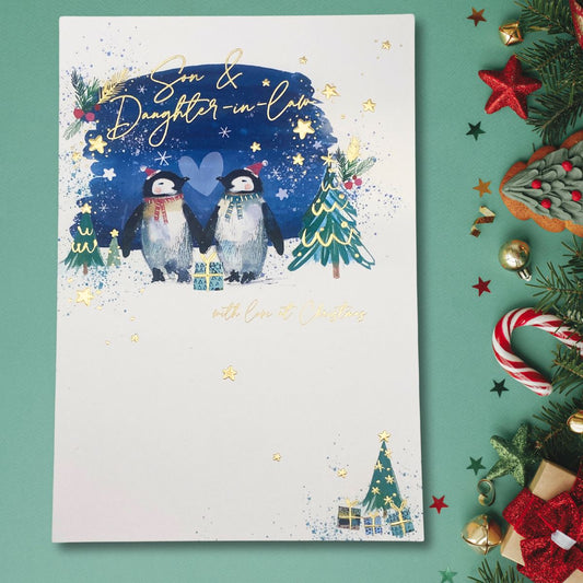 Son & Daughter-In-Law Christmas Card - Penguin Embrace