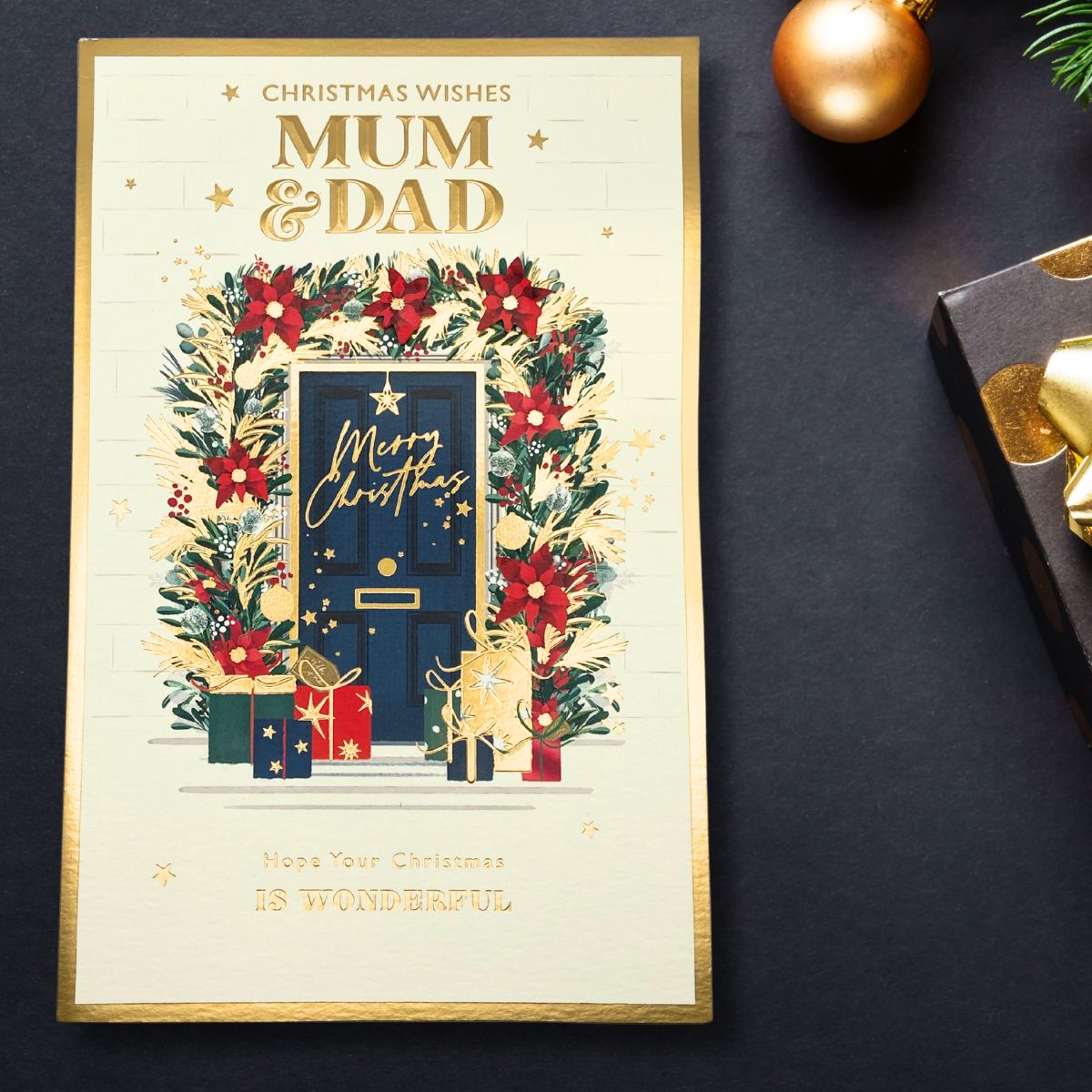 Mum & Dad Christmas Card - Decoupage Decorated Door