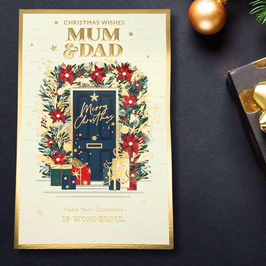 Mum & Dad Christmas Card - Decoupage Decorated Door