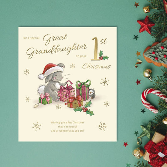 Great Granddaughter 1st Christmas Card - Rabbit & Gifts