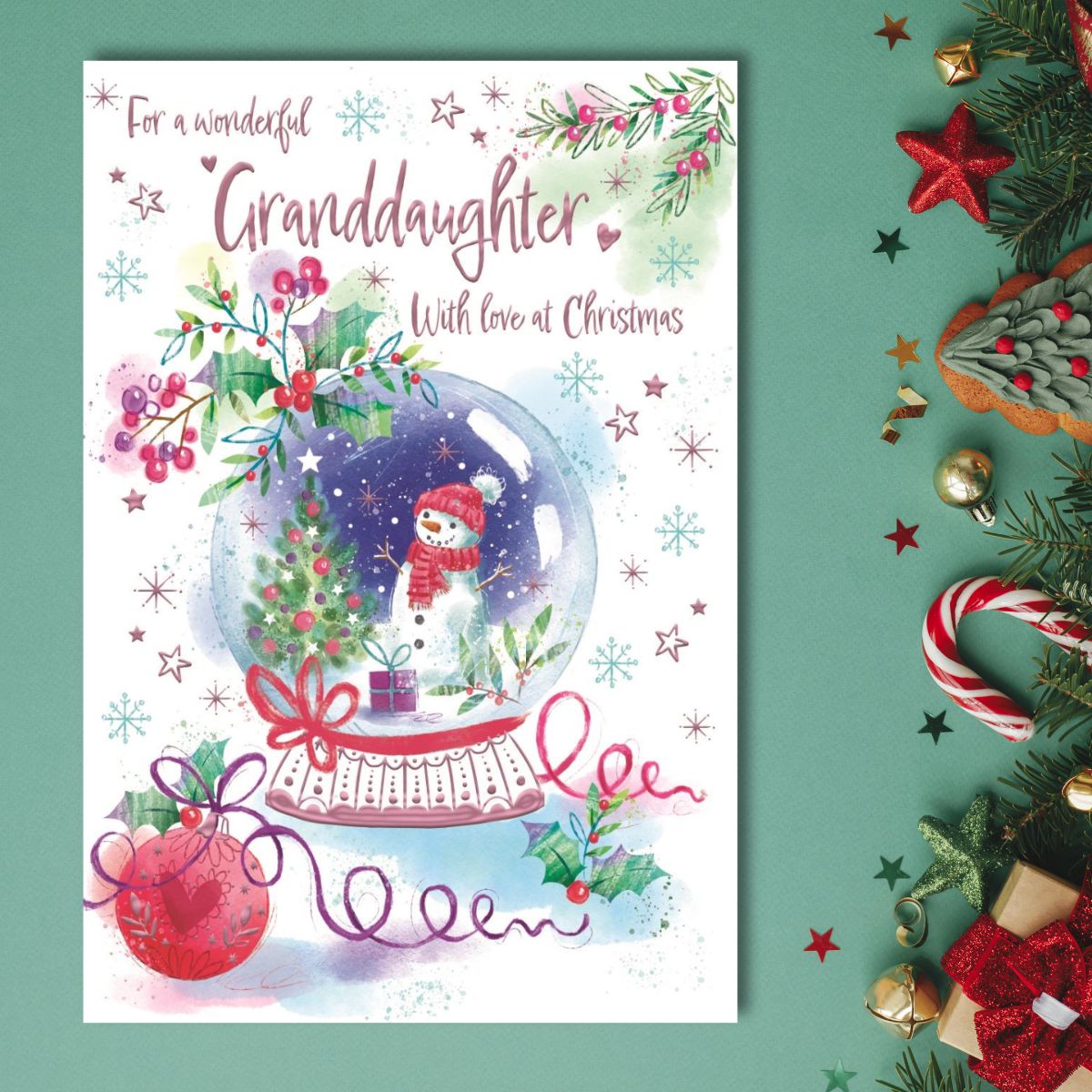 Granddaughter Christmas Card - Snowman Snowglobe