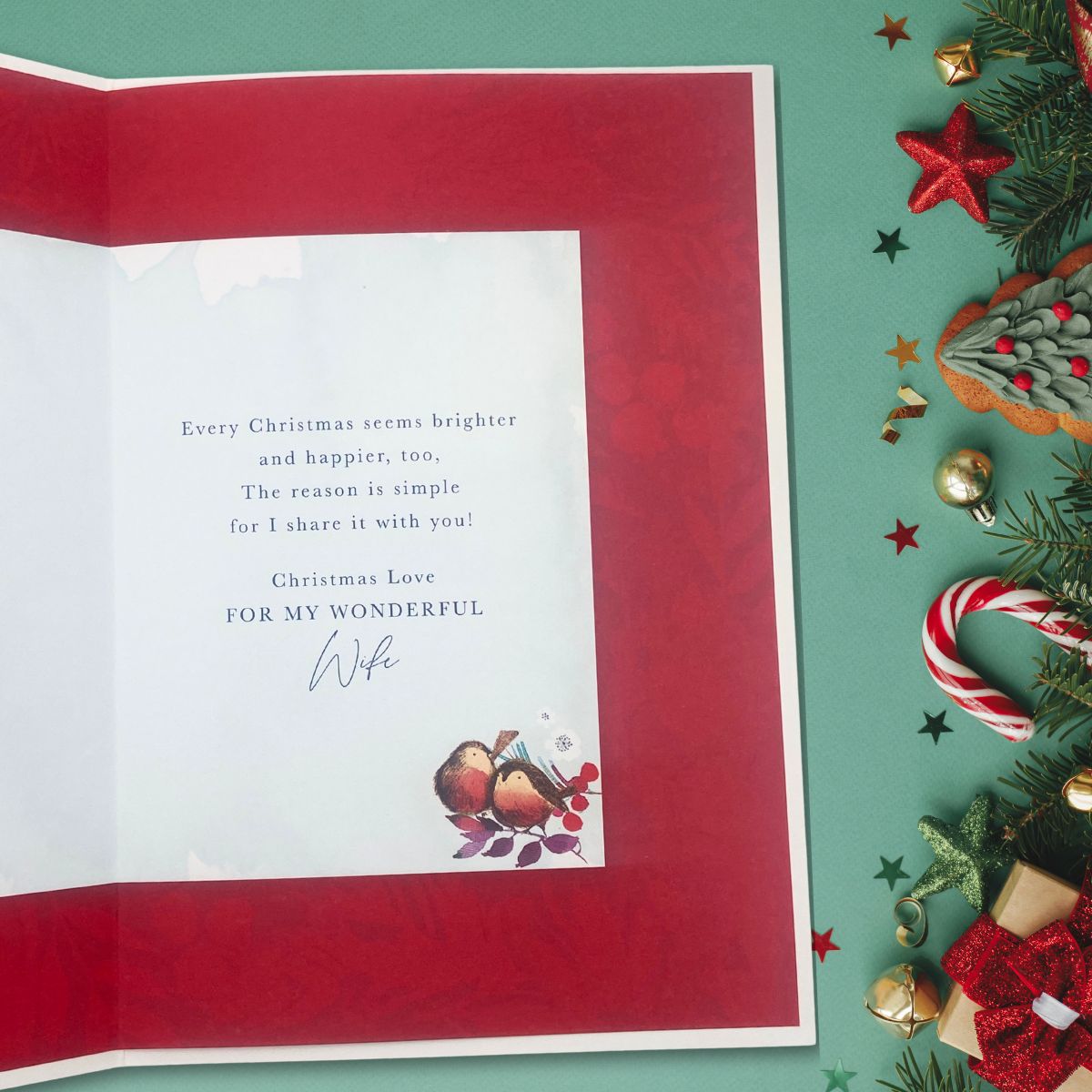 Wife Christmas Card - Robins & Stockings