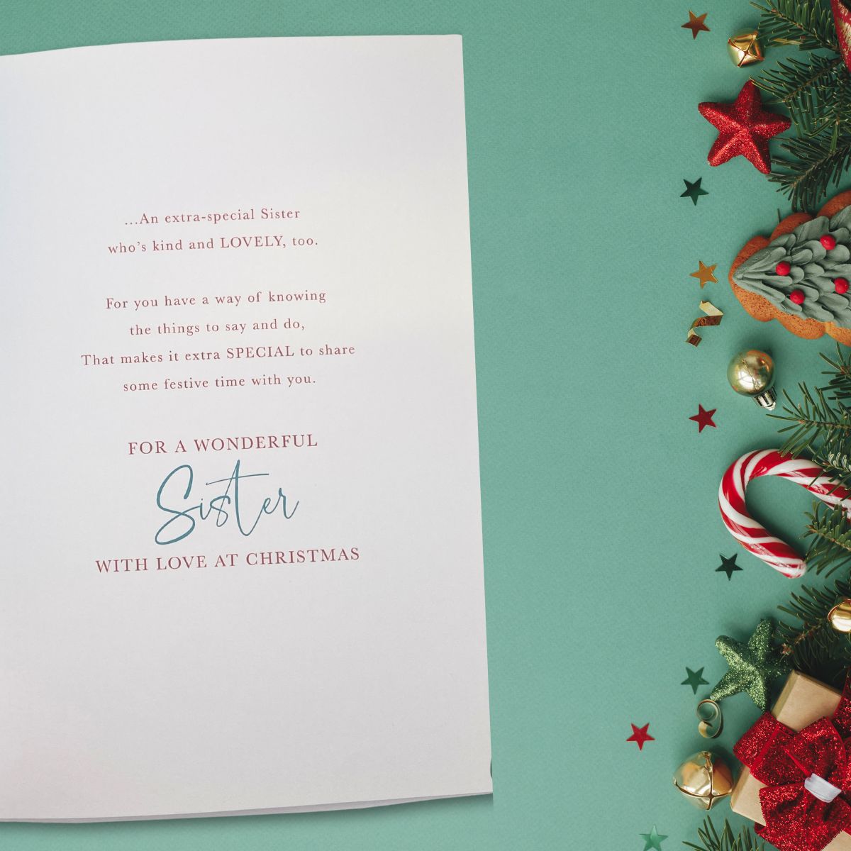 Sister Christmas Card - Snowy Baubles