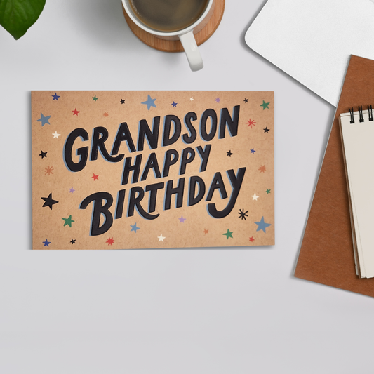 Grandson Birthday Card - Kraft Text & Stars