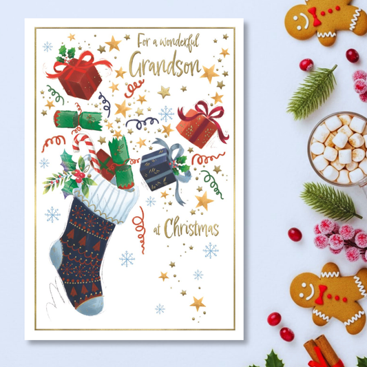 Grandson Christmas Card - Awash With Colour Stocking