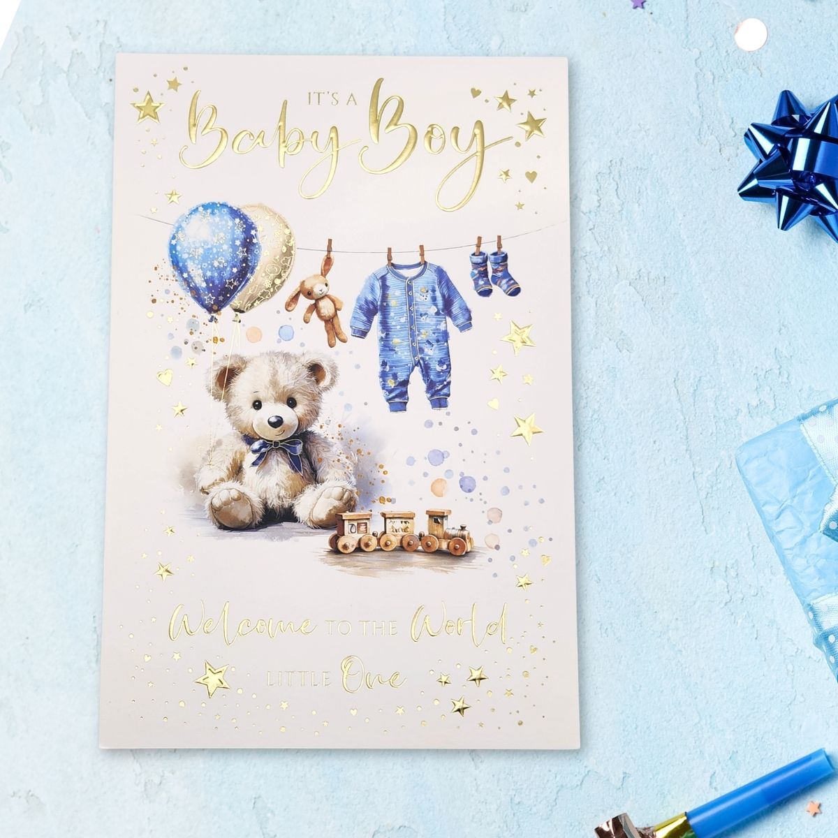 Baby Boy Card - Baby Grow & Teddy