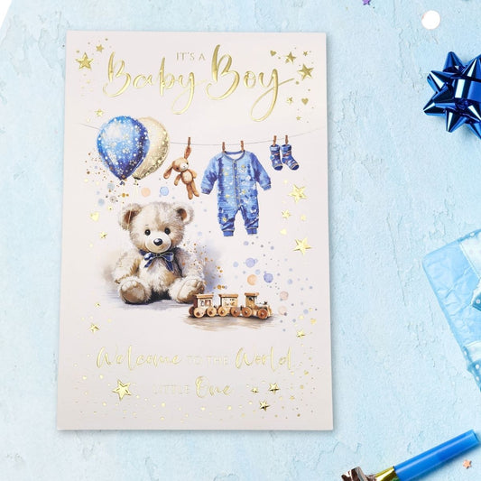 Baby Boy Card - Baby Grow & Teddy