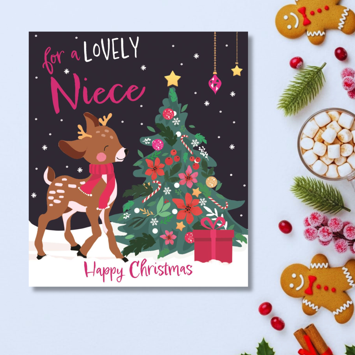 Niece Christmas Card - Reindeer & Tree