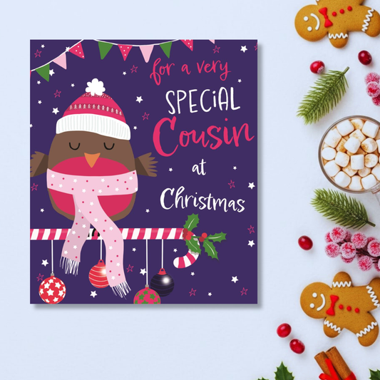 Cousin Christmas Card - Pink Owl & Baubles