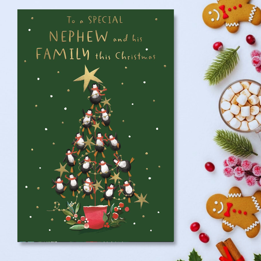 Nephew & Family Christmas Card - Big World Little Things Penguin Tree