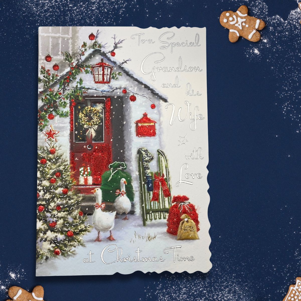 Grandson & Wife Christmas Card - Velvet Geese