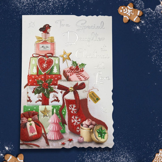 Daughter Christmas Card - Velvet Stocking & Gifts