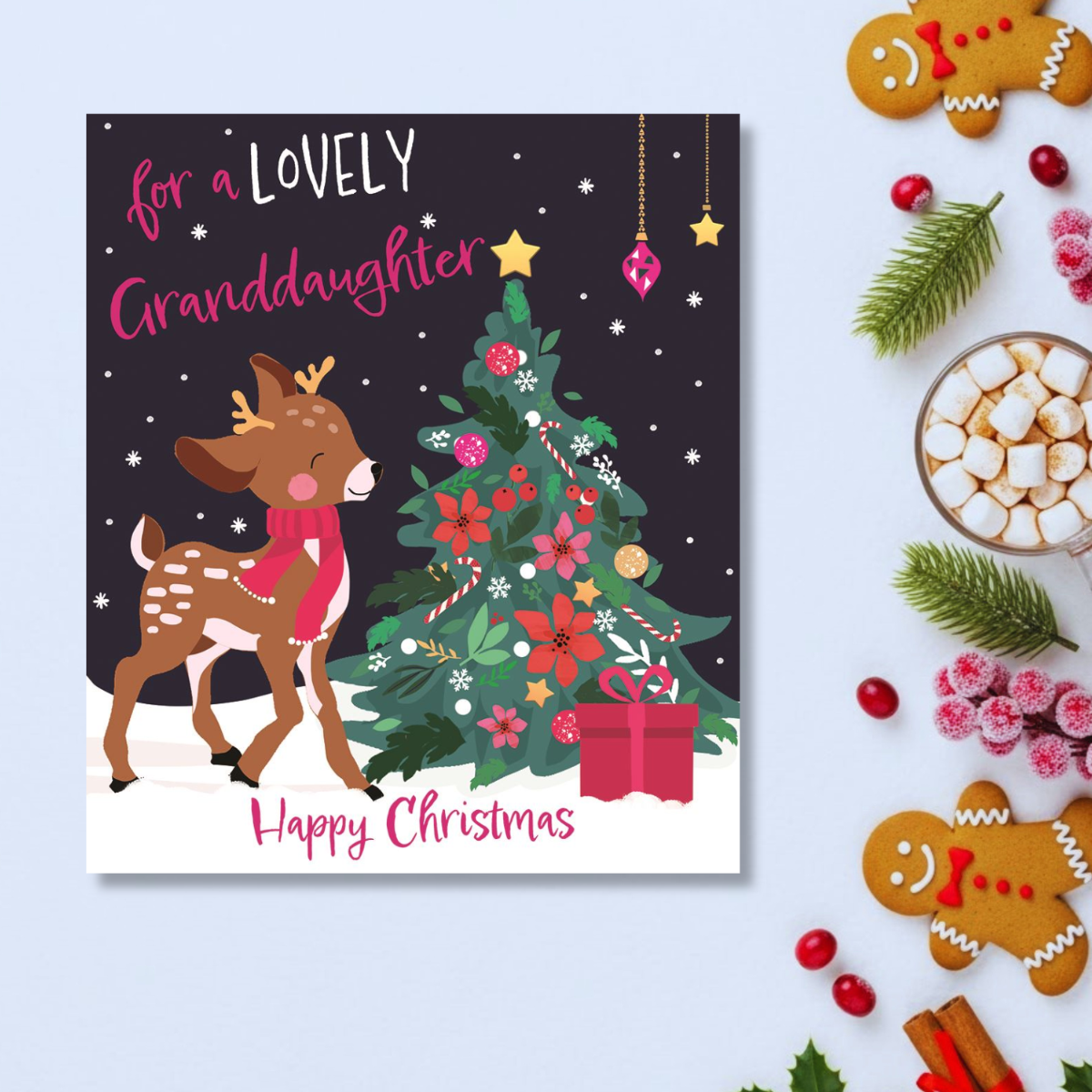 Granddaughter Christmas Card - Reindeer & Tree