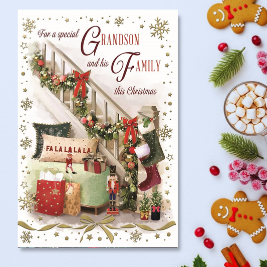 Grandson & Family Christmas Card - Festive Staircase