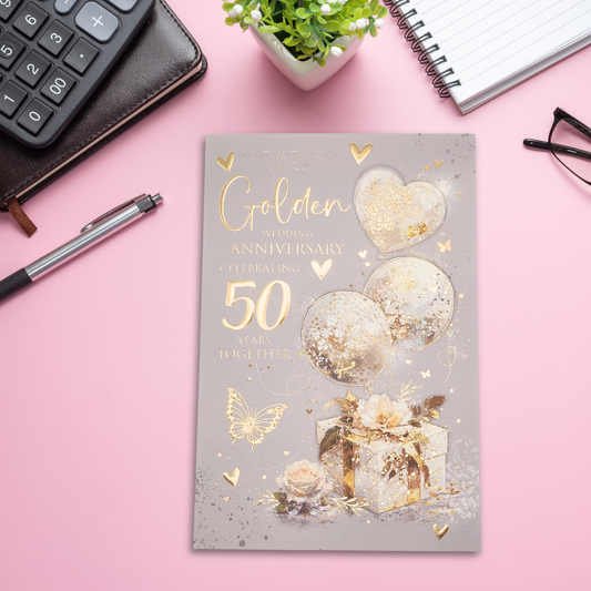 Golden Wedding Anniversary Card - 50th Grace Gift & Balloons