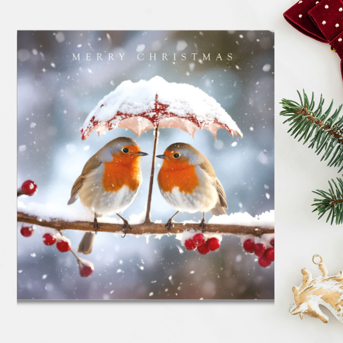 24 x Christmas Cards In Box - Tracks Deluxe Snowy Robins