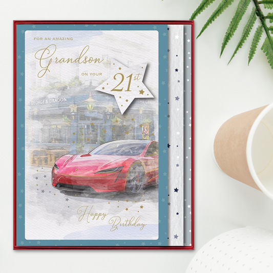 Grandson 21st Birthday Boxed Card - Red Sports Car & Pub