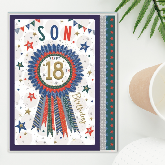 Son 18th Birthday Boxed Card - Foiled Rosette & Stars