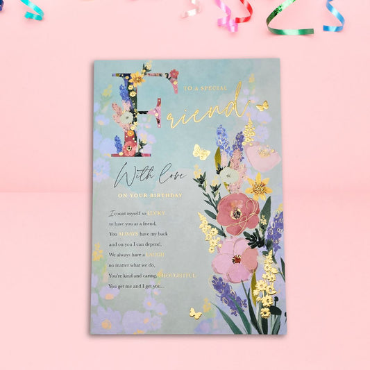 Friend Birthday Card - Floral Text