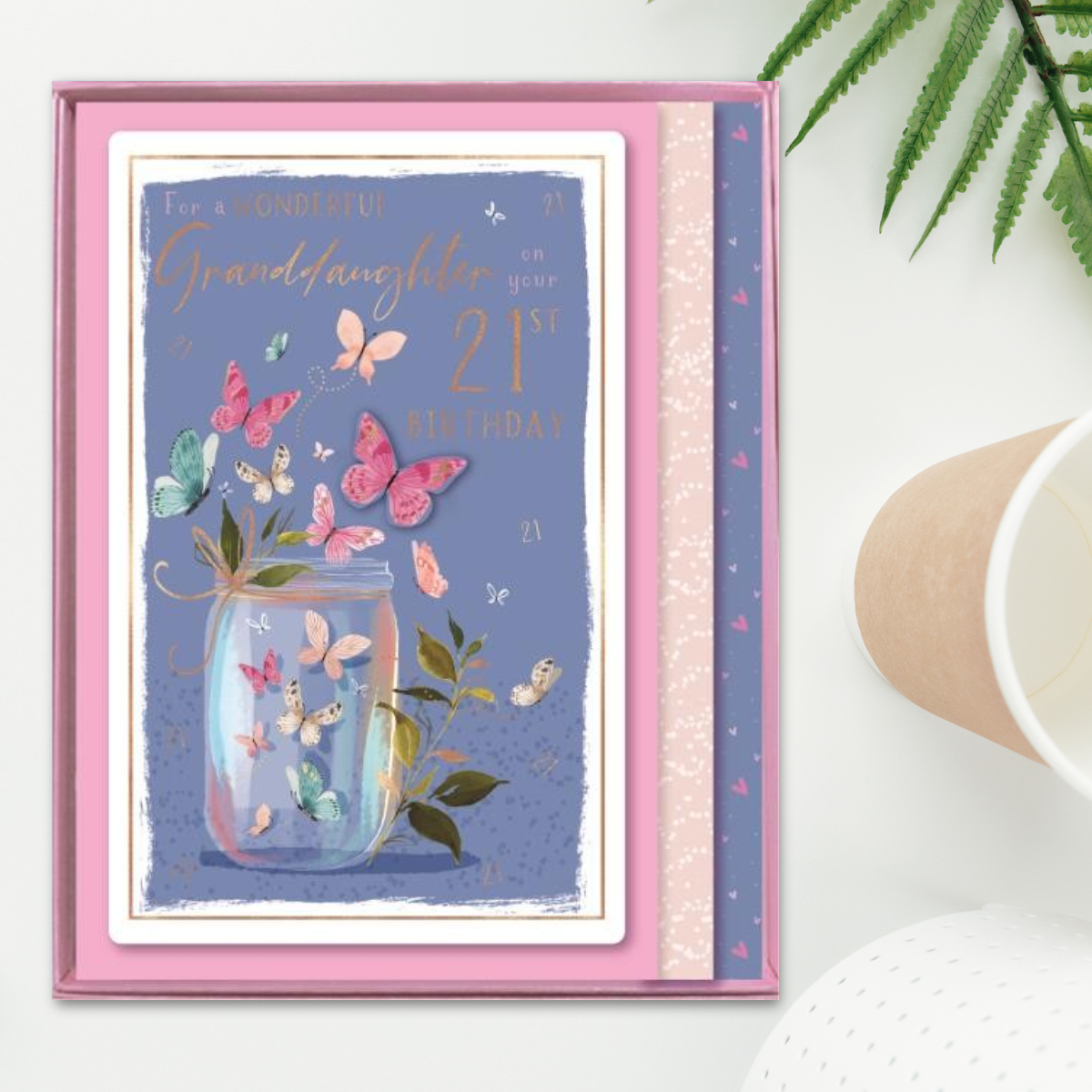 Granddaughter 21st Birthday Boxed Card - Skylight Mason Jar & Butterflies