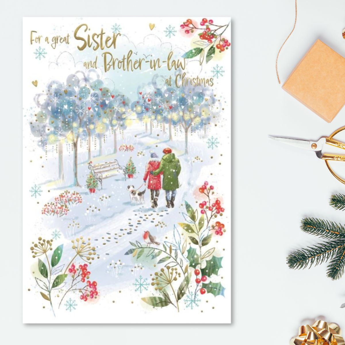 Sister & Brother-in-Law Christmas Card - Snowy Stroll