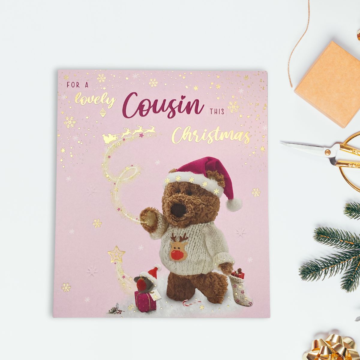 Cousin Christmas Card - Barley Bear Pink