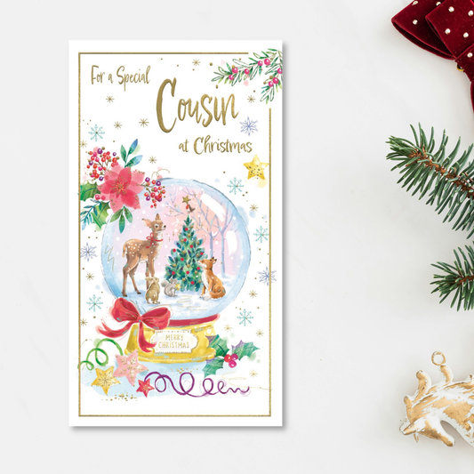 Cousin Christmas Card - Woodland Snowglobe