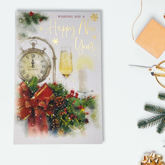 Happy New Year Christmas Card - Clock & Fizz