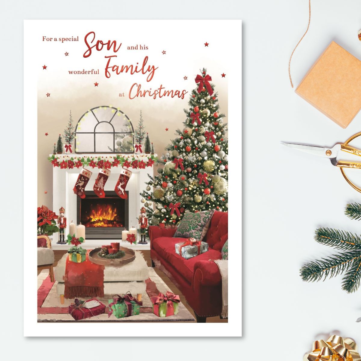 Son & Family Christmas Card - Stockings On Fireplace