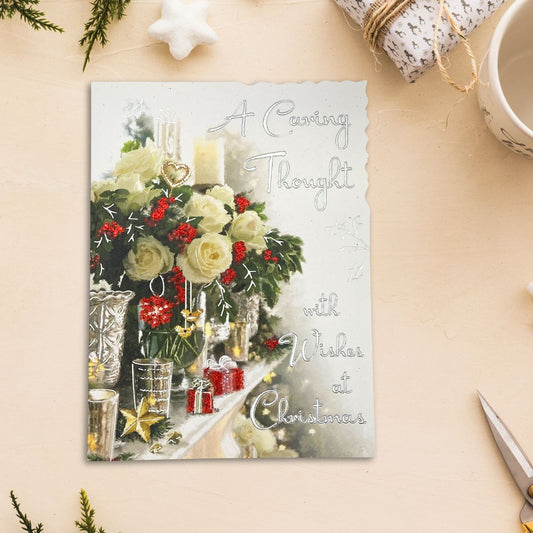 Caring Thoughts Christmas Card - Velvet White Roses