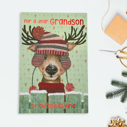 Grandson Christmas Card - Reindeer Hat