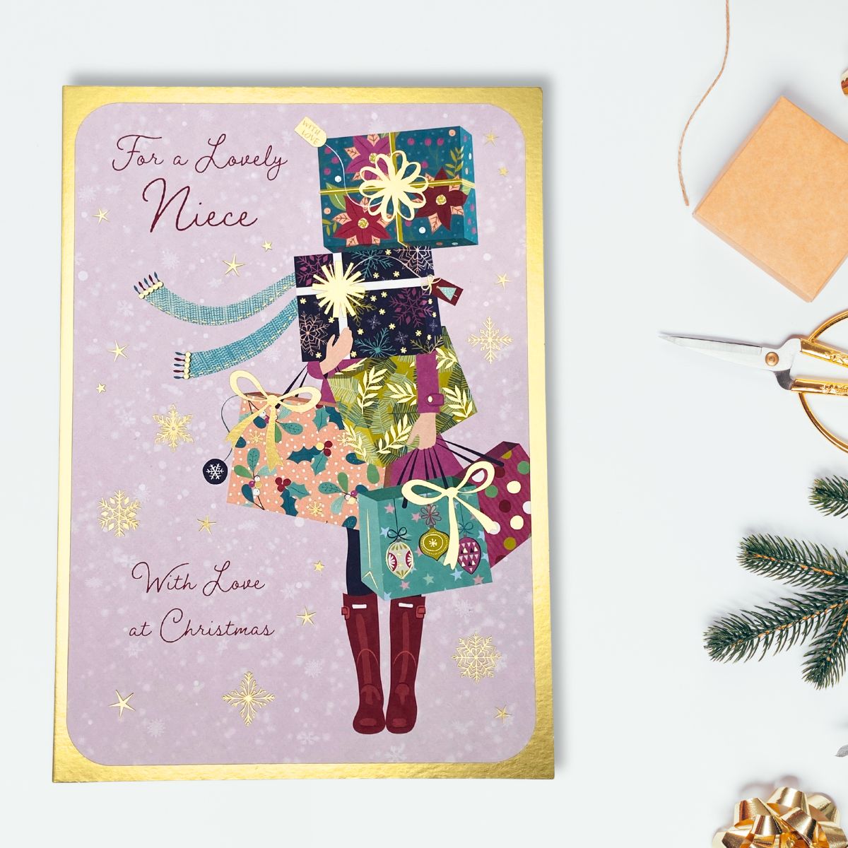 Niece Christmas Card - Girl & Gifts